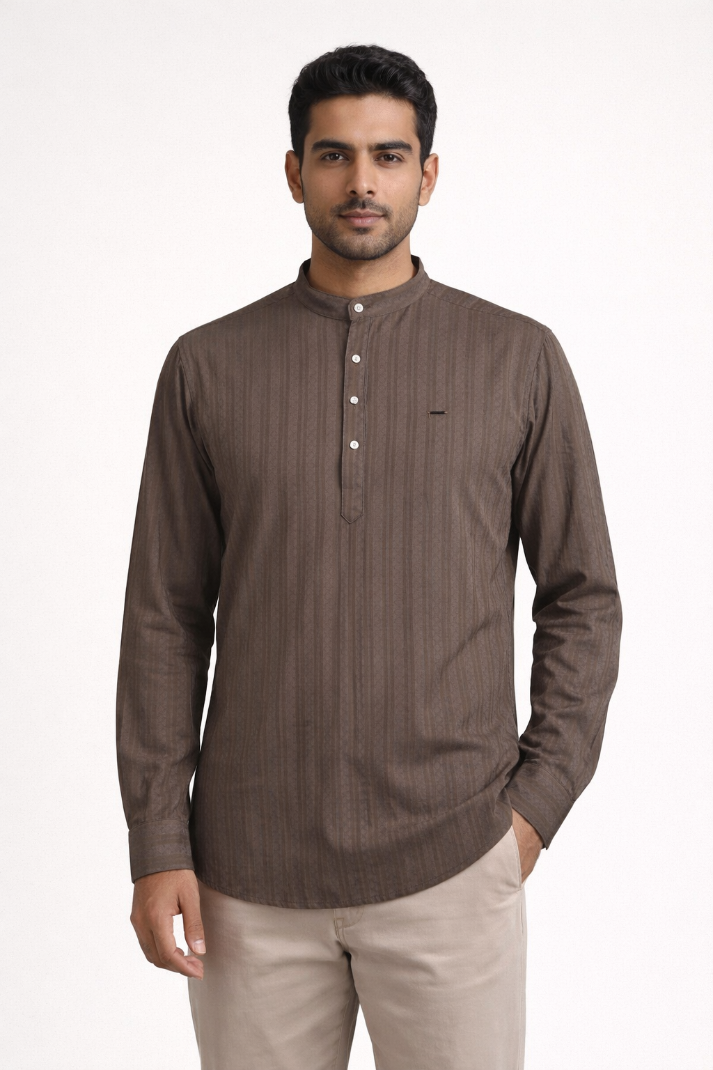 Men’s Textured Cotton Kurta Shirt – Mandarin Collar, Full Sleeves