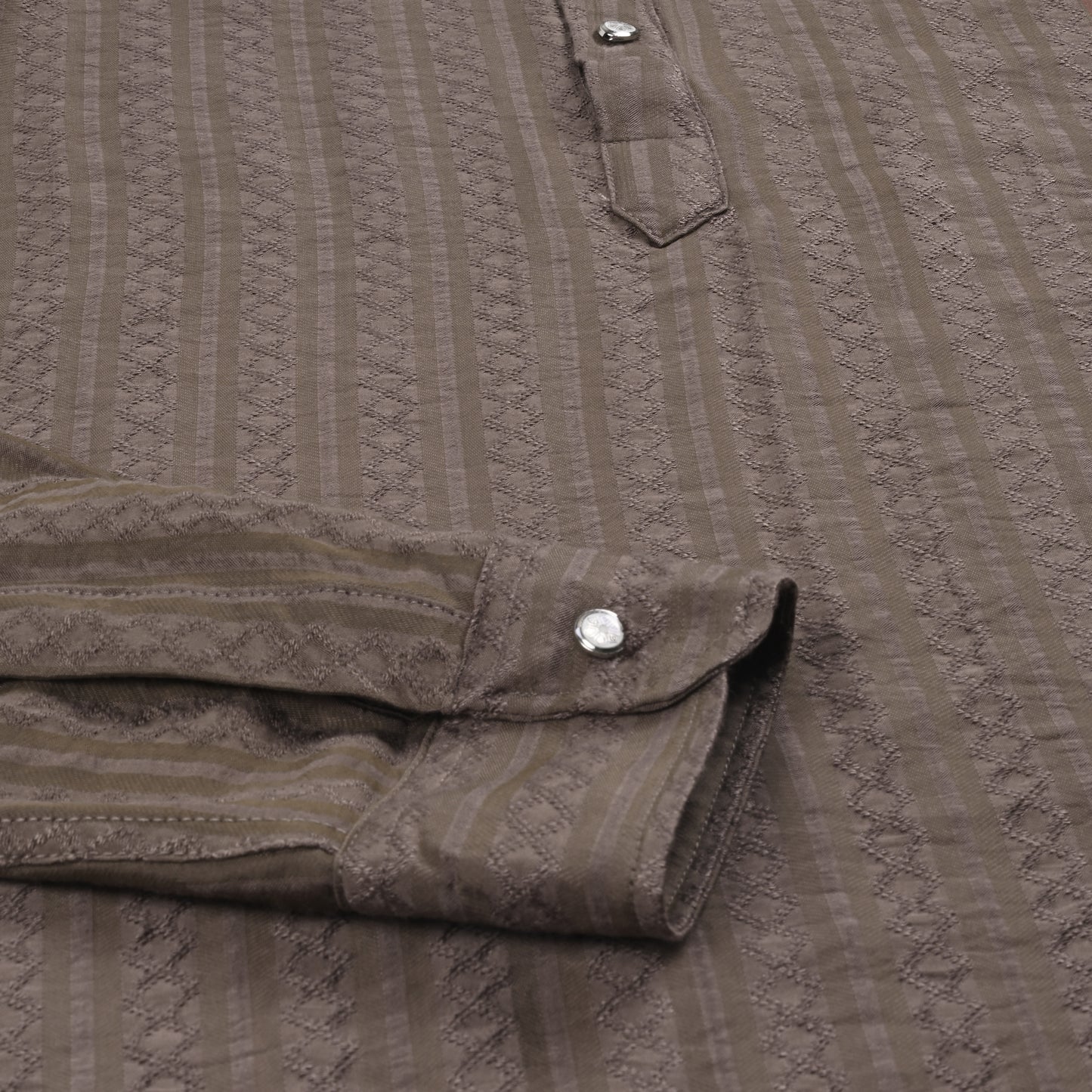 Men’s Textured Cotton Kurta Shirt – Mandarin Collar, Full Sleeves