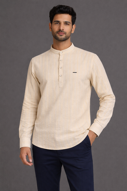 Men’s Textured Cotton Kurta Shirt – Mandarin Collar, Full Sleeves