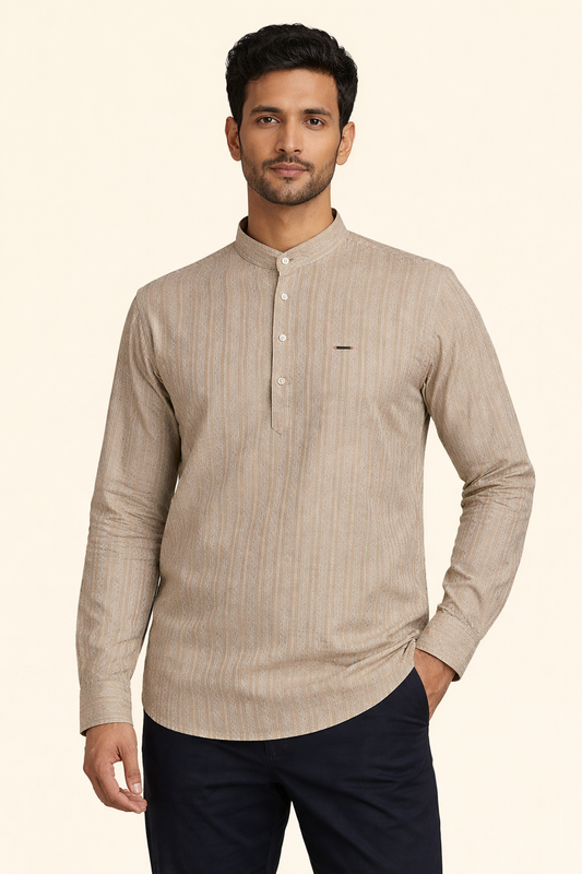 Men’s Textured Cotton Kurta Shirt – Mandarin Collar, Full Sleeves