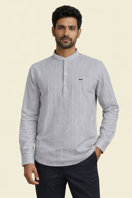 Men’s Textured Cotton Kurta Shirt – Mandarin Collar, Full Sleeves
