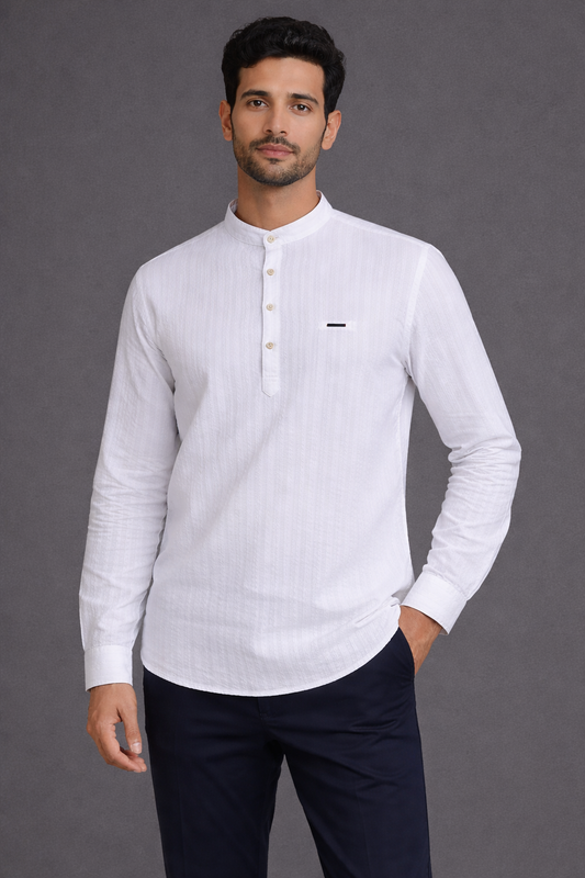 Men’s Textured Cotton Kurta Shirt – Mandarin Collar, Full Sleeves