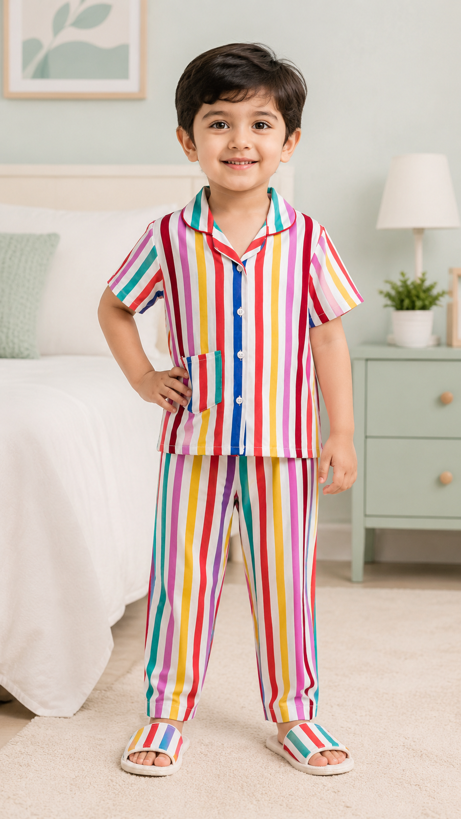 Unisex Cotton Striped Night Suit Set – Multicolor Stripe Print