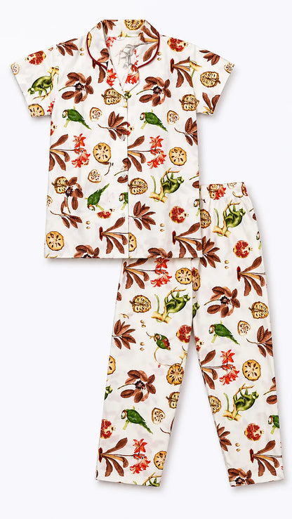 Unisex Cotton Nature Print Night Suit Set – Ivory Botanical Print