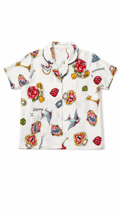 Unisex Cotton Printed Night Suit Set – Vintage Charm Print