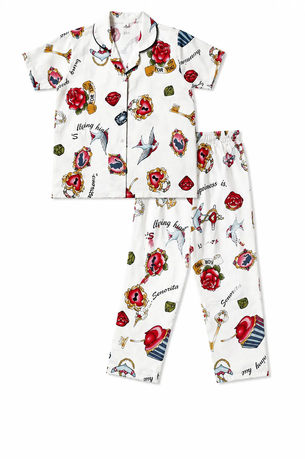 Unisex Cotton Printed Night Suit Set – Vintage Charm Print