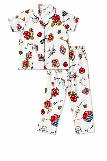 Unisex Cotton Printed Night Suit Set – Vintage Charm Print