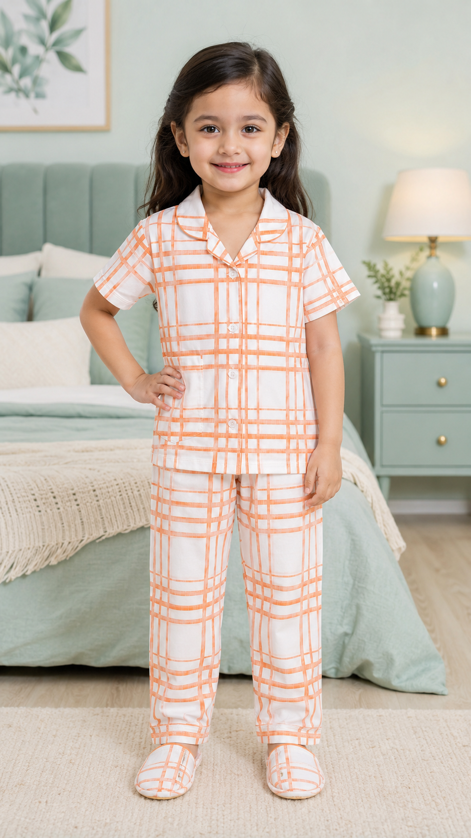 Girls Cotton Checked Night Suit Set – Peach & White