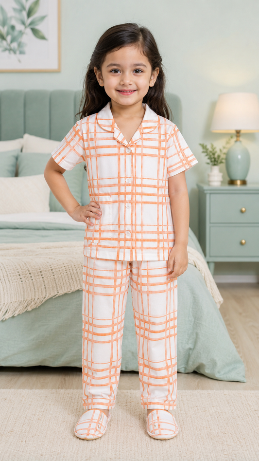 Unisex Cotton Checked Night Suit Set – Peach & White