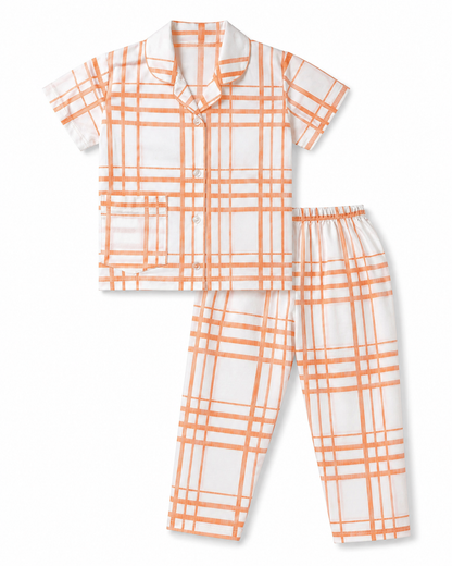Unisex Cotton Checked Night Suit Set – Peach & White