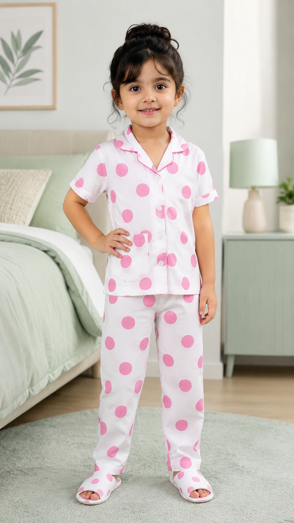Girls Cotton Polka Dot Night Suit Set – White & Pink