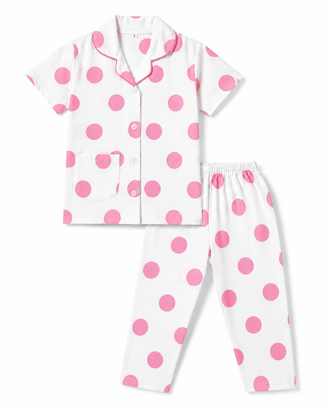 Unisex Cotton Polka Dot Night Suit Set – White & Pink