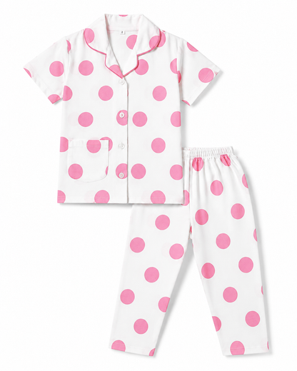 Unisex Cotton Polka Dot Night Suit Set – White & Pink