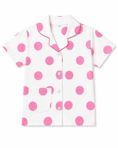 Unisex Cotton Polka Dot Night Suit Set – White & Pink