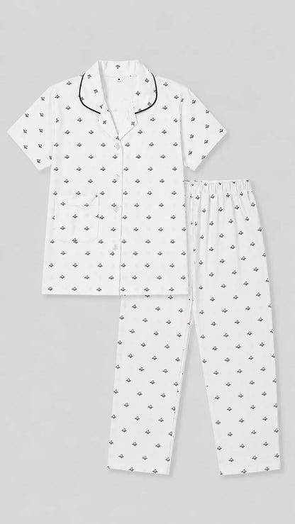 Kids Cotton Printed Night Suit Set – White Minimal Motif Print