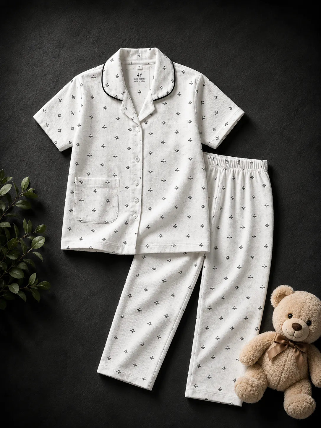 Unisex Cotton Printed Night Suit Set – White Minimal Motif Print