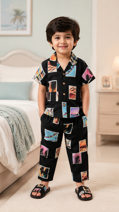 Unisex Cotton Printed Night Suit Set – Black Tropical Print