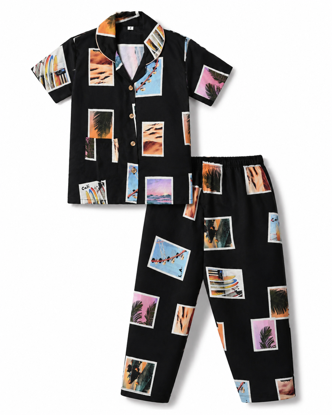 Unisex Cotton Printed Night Suit Set – Black Tropical Print