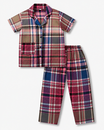 Unisex Cotton Checked Night Suit Set – Navy Blue & Pink