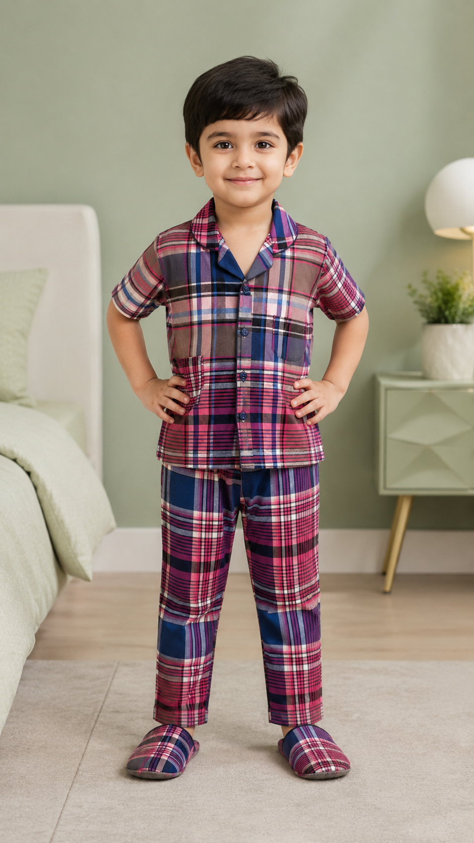 Unisex Cotton Checked Night Suit Set – Navy Blue & Pink