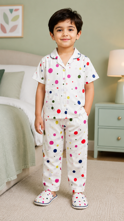 UnisexWhite Polka Dot Cotton Night Suit Set