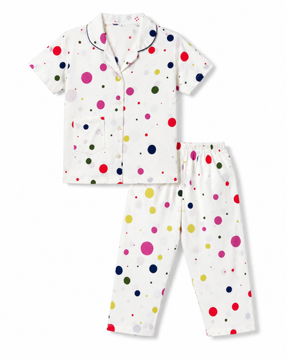 UnisexWhite Polka Dot Cotton Night Suit Set