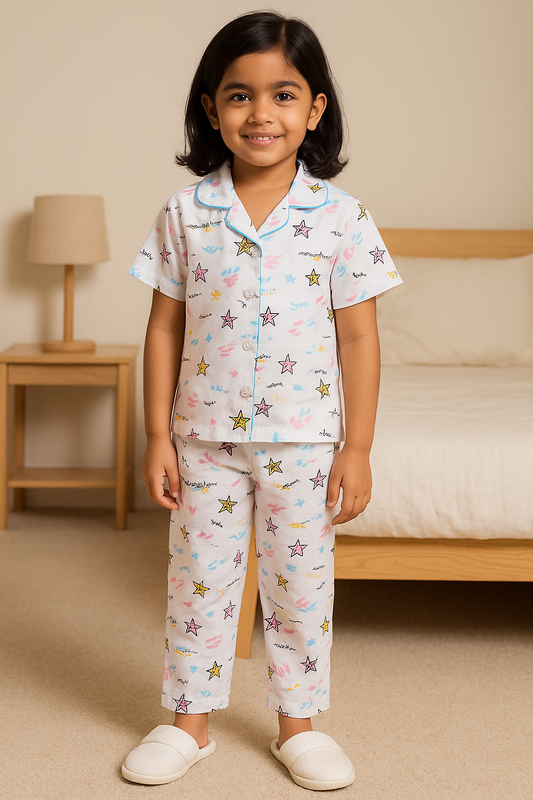 Kids Nightwear Boys & Girls Cotton Blend Shirt & Pyjama Set nd61wht