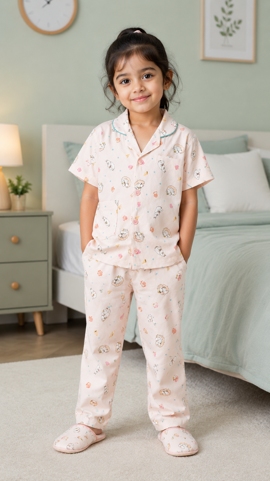 Girls Cotton Printed Night Suit Set – Soft Pink Character Print
