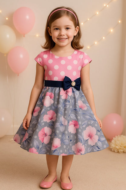 Girls Polka Dots Printed Bow Fit and Flare Dress