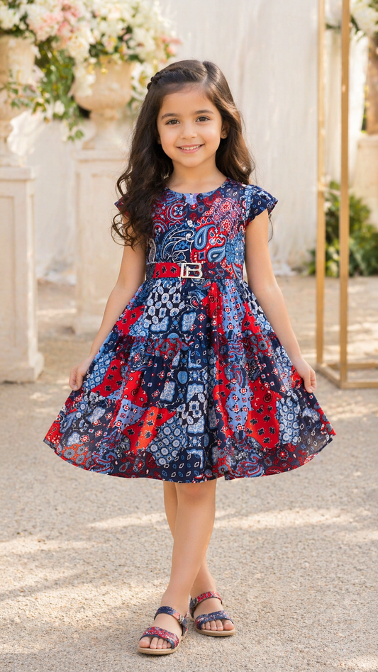 Grey and Red Short Sleeve Printed Dress - Wish Karo