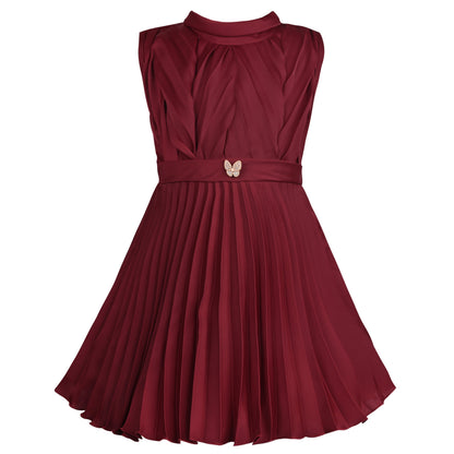 Girls Maroon Pleated A-Line Frock Dress - Wish Karo - photo 2