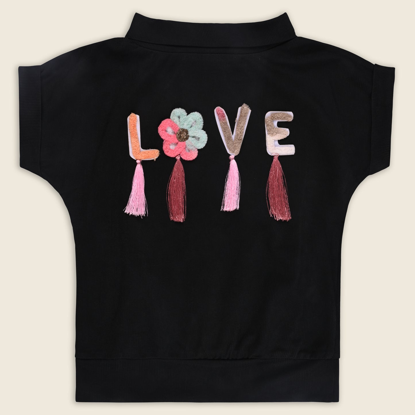 Girls High Neck Cotton T-shirt with Love Embroidery & Tassel Detailing tg401