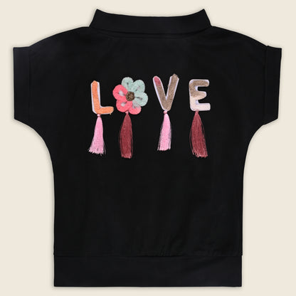 Girls High Neck Cotton T-shirt with Love Embroidery & Tassel Detailing tg401