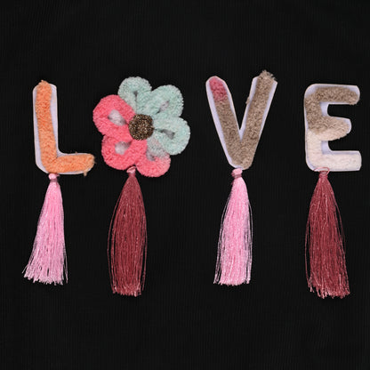 Girls High Neck Cotton T-shirt with Love Embroidery & Tassel Detailing tg401