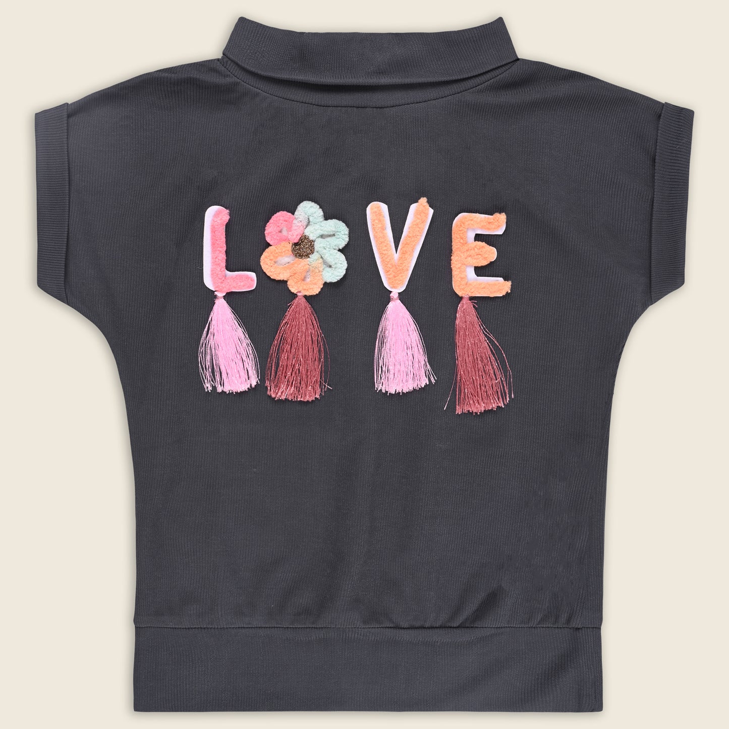 Girls High Neck Cotton T-shirt with Love Embroidery & Tassel Detailing tg401