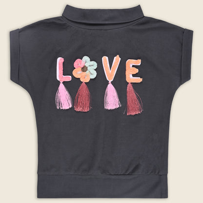 Girls High Neck Cotton T-shirt with Love Embroidery & Tassel Detailing tg401
