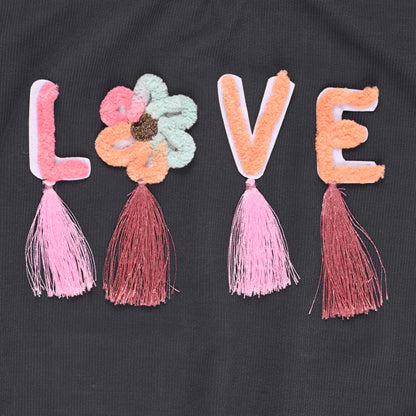 Girls High Neck Cotton T-shirt with Love Embroidery & Tassel Detailing tg401