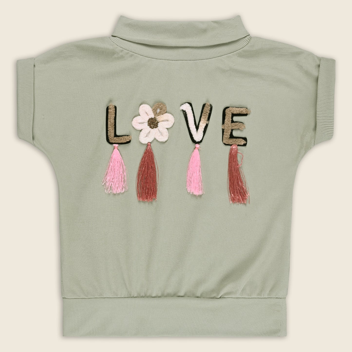Girls High Neck Cotton T-shirt with Love Embroidery & Tassel Detailing tg401