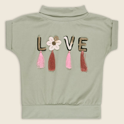 Girls High Neck Cotton T-shirt with Love Embroidery & Tassel Detailing tg401