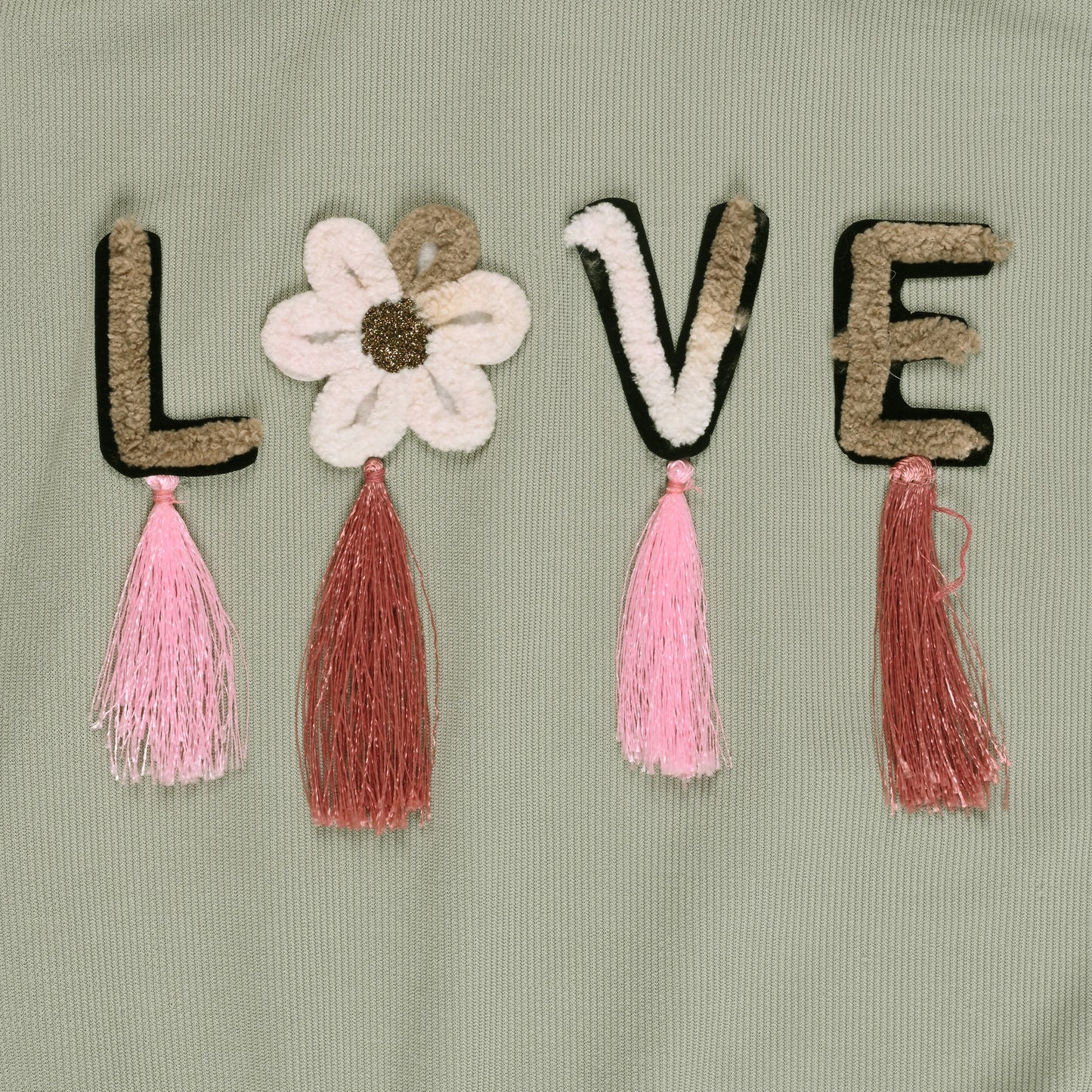 Girls High Neck Cotton T-shirt with Love Embroidery & Tassel Detailing tg401